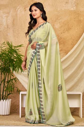 pista green chocolate silk blend saree embellished border work