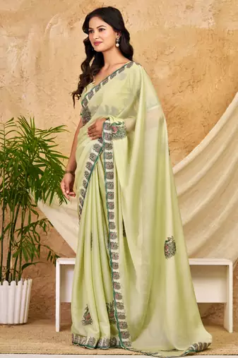 pista green chocolate silk blend saree embellished border work (sfsrsk1005)