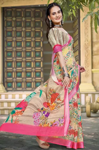 beige cotton blend digital print saree
