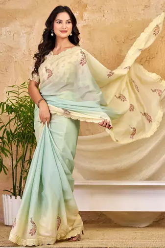 mint green chocolate silk blend saree embellished border work (sfsrsk1007)