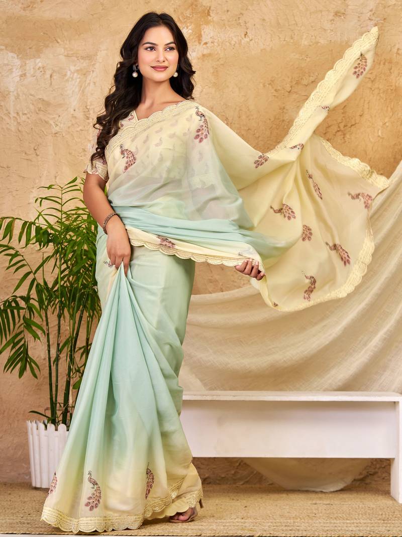 mint green chocolate silk blend saree embellished border work (sfsrsk1007)