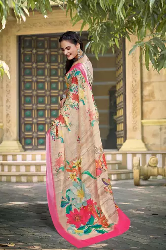 beige cotton blend digital print saree