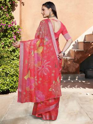 pink red cotton blend saree floral print 5