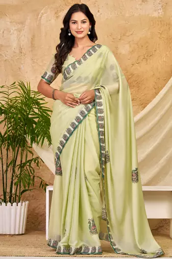 pista green chocolate silk blend saree embellished border work (sfsrsk1005)