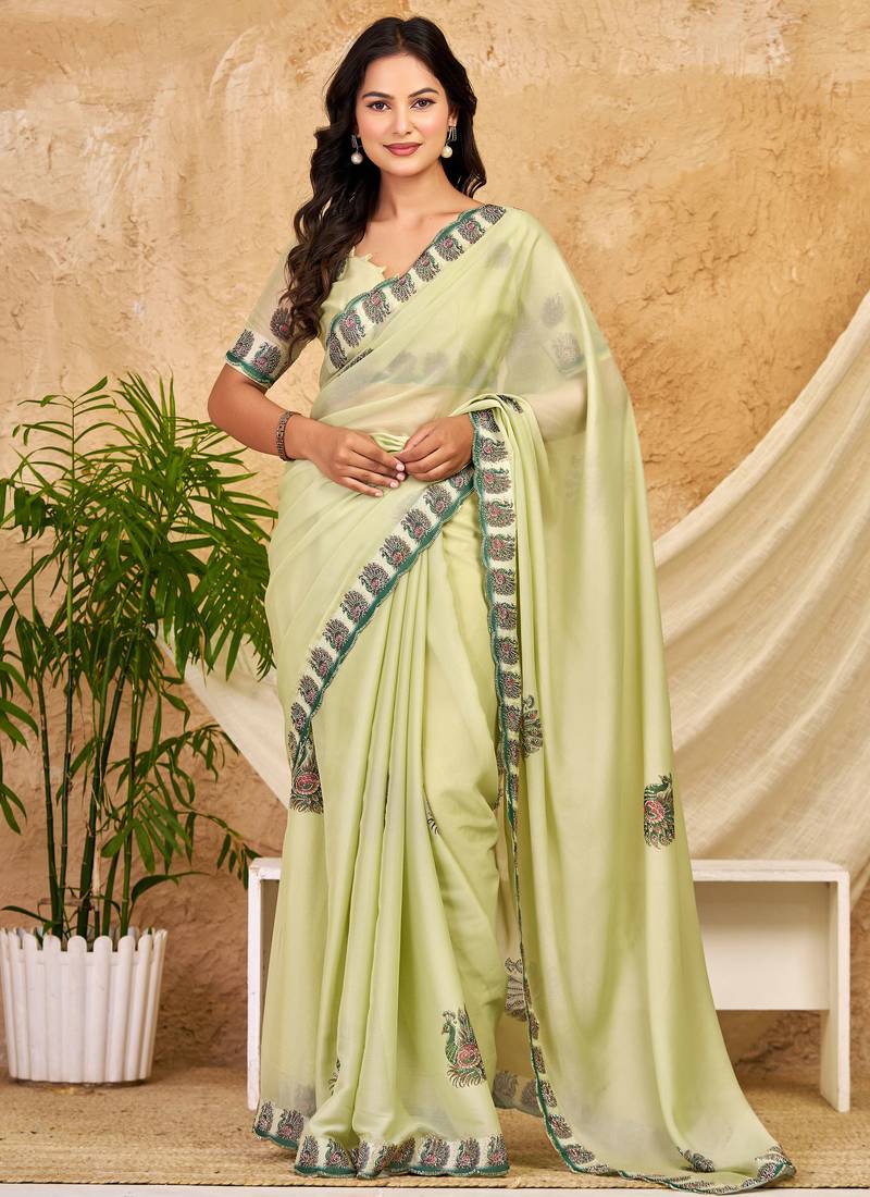 pista green chocolate silk blend saree embellished border work (sfsrsk1005)