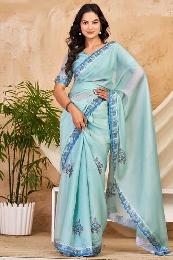 sky blue chocolate silk blend saree with embellished border