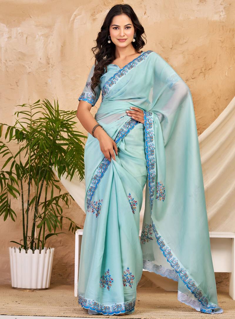 sky blue chocolate silk blend saree with embellished border (sfsrsk1004)