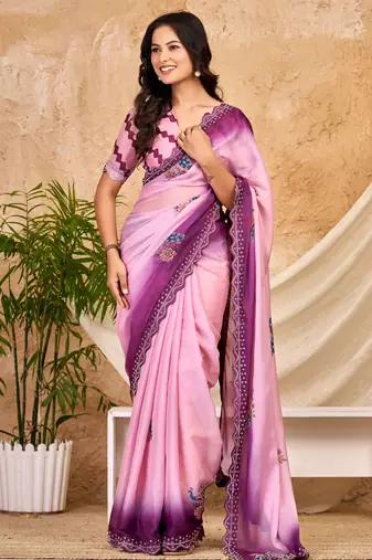purple pink chocolate silk blend saree with embellished border