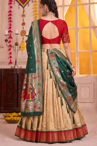 Cream Kanchipuram Silk Zari & Lace Lehenga Choli with Dupatta