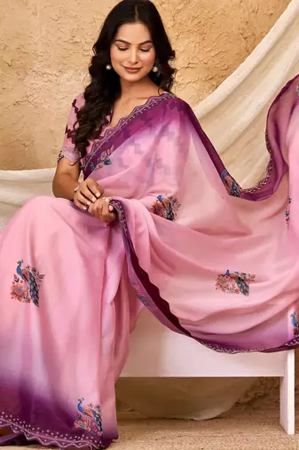 purple pink chocolate silk blend saree with embellished border