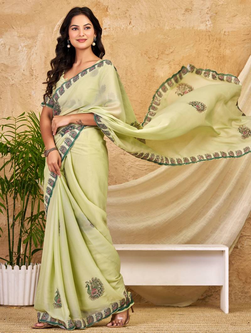 pista green chocolate silk blend saree embellished border work (sfsrsk1005)