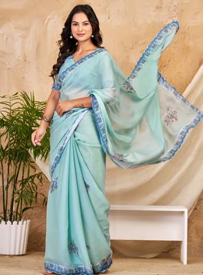 sky blue chocolate silk blend saree with embellished border (sfsrsk1004) 2
