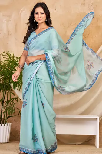 sky blue chocolate silk blend saree with embellished border