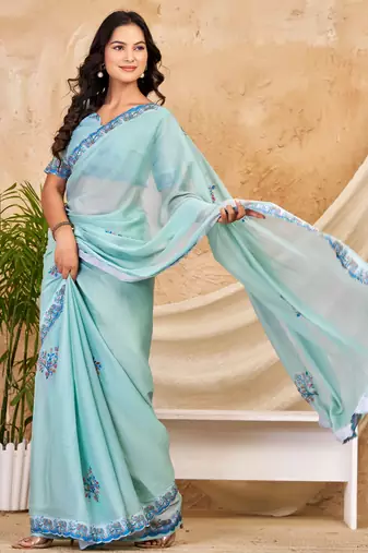 sky blue chocolate silk blend saree with embellished border