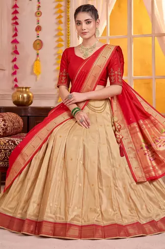 Cream Kanchipuram Silk Zari & Lace Lehenga Choli with Dupatta