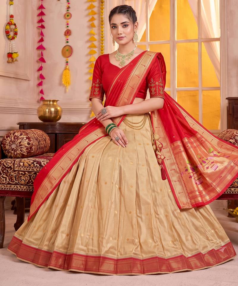 Cream Kanchipuram Silk Zari & Lace Lehenga Choli with Dupatta