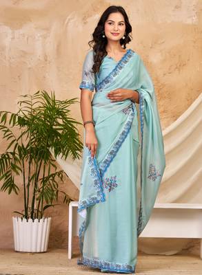 sky blue chocolate silk blend saree with embellished border (sfsrsk1004) 4