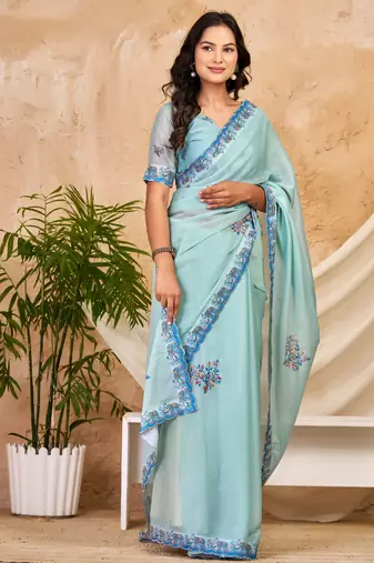 sky blue chocolate silk blend saree with embellished border