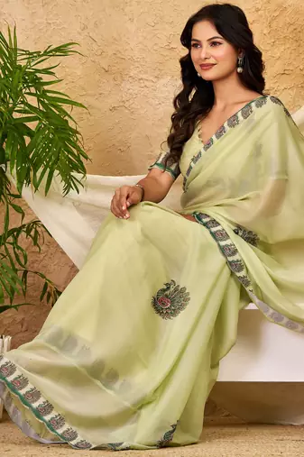 pista green chocolate silk blend saree embellished border work (sfsrsk1005)