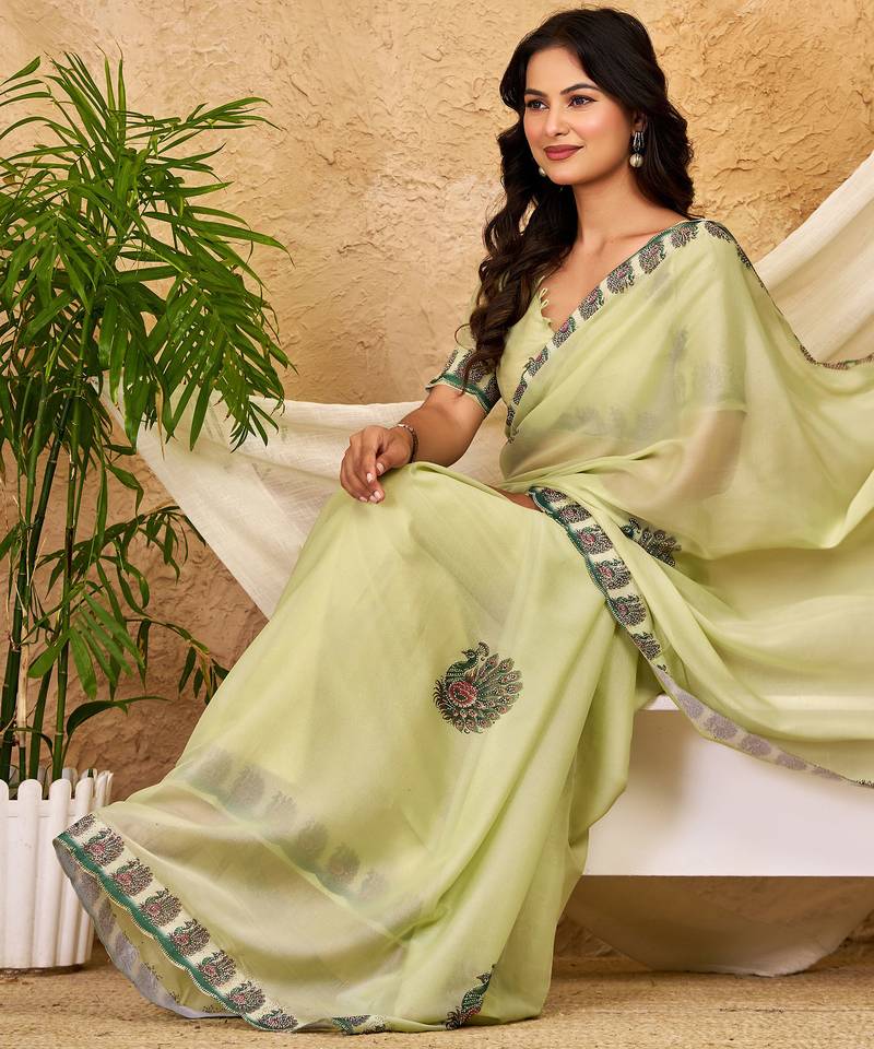 pista green chocolate silk blend saree embellished border work (sfsrsk1005)