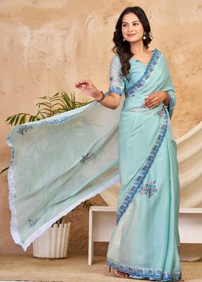sky blue chocolate silk blend saree with embellished border (sfsrsk1004) 5