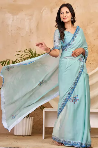 sky blue chocolate silk blend saree with embellished border