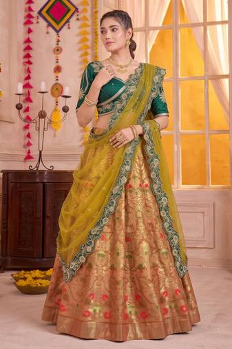Light Orange Jacquard Silk Zari Work Lehenga Choli with Dupatta