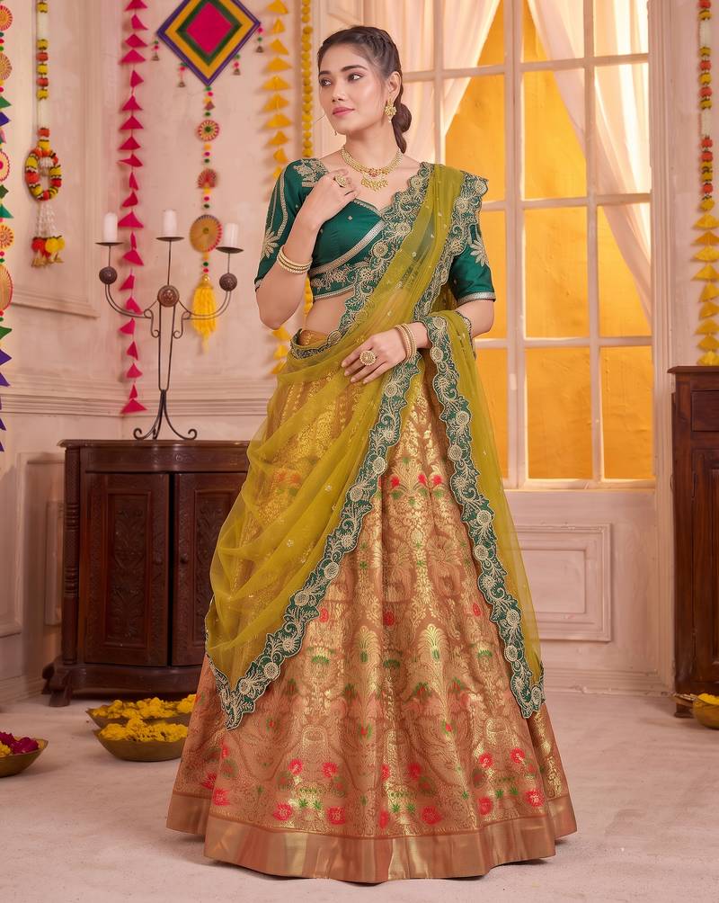 Light Orange Jacquard Silk Zari Work Lehenga Choli with Dupatta
