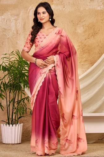 pink red chocolate silk blend saree with embellished border