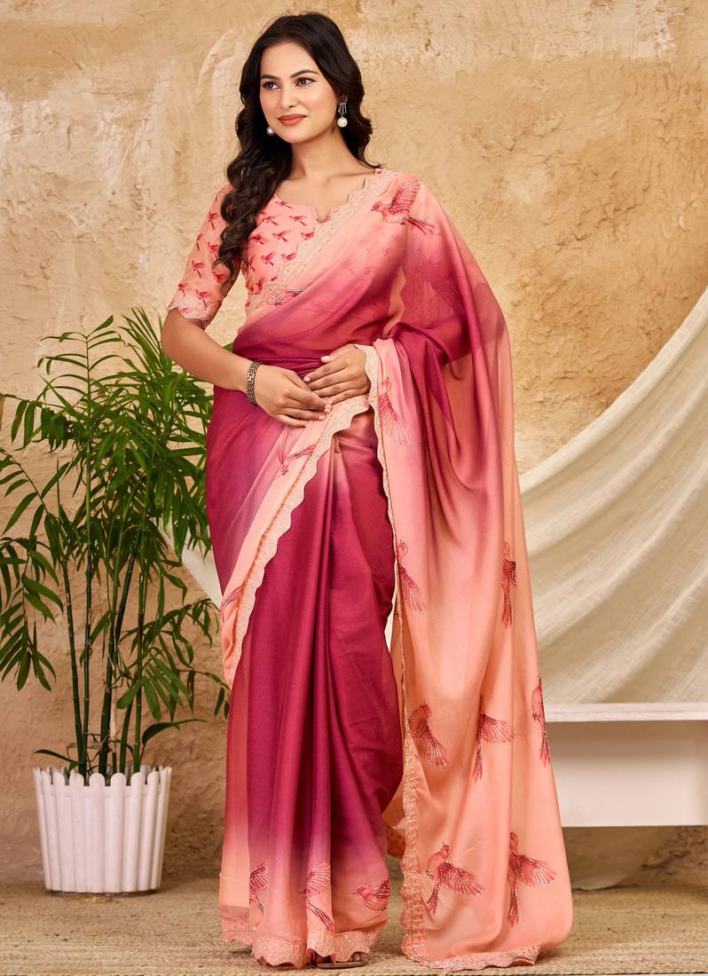 pink red chocolate silk blend saree with embellished border (sfsrsk1003)