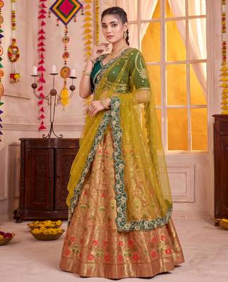 Light Orange Jacquard Silk Zari Work Lehenga Choli with Dupatta 2