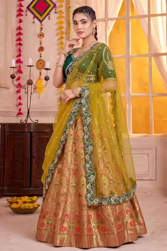 Light Orange Jacquard Silk Zari Work Lehenga Choli with Dupatta