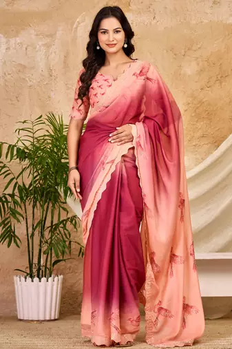 pink red chocolate silk blend saree with embellished border