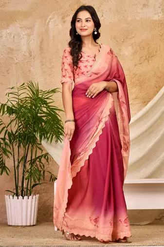 pink red chocolate silk blend saree with embellished border