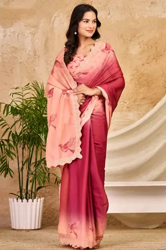 pink red chocolate silk blend saree with embellished border