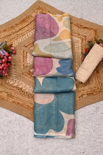 beige shimmer handloom cotton blend digital print saree