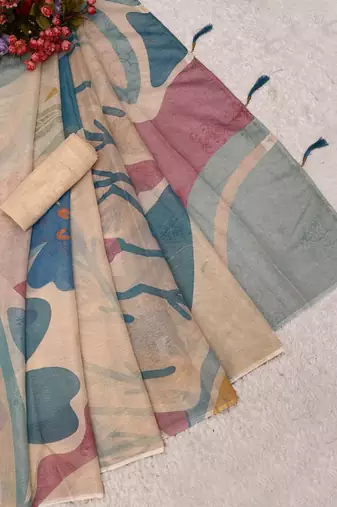 beige shimmer handloom cotton blend digital print saree