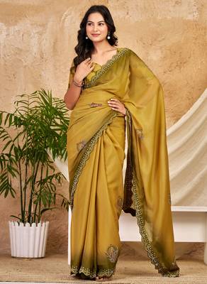 mustard chocolate silk blend saree with embellished border (sfsrsk1002) 1