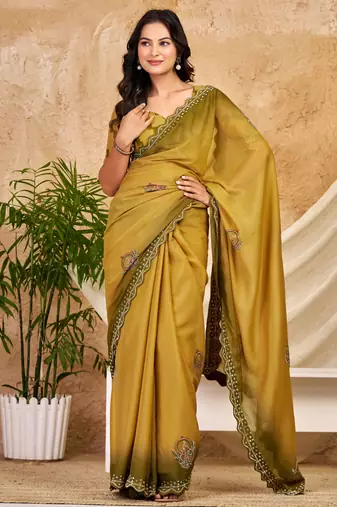 mustard chocolate silk blend saree with embellished border