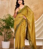 mustard chocolate silk blend saree with embellished border (sfsrsk1002)