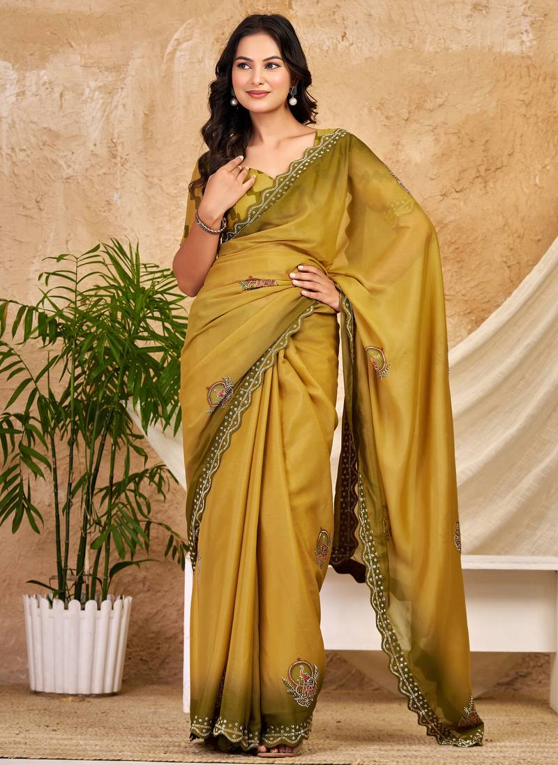 mustard chocolate silk blend saree with embellished border (sfsrsk1002)