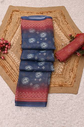 blue pink shimmer handloom cotton blend digital print saree