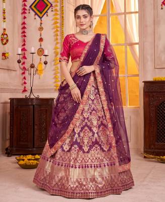Wine Jacquard Silk Zari Work Lehenga Choli with Dupatta 1
