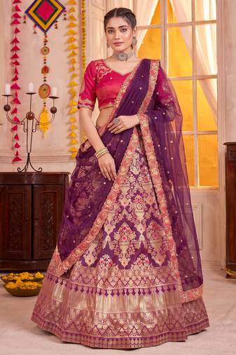 Wine Jacquard Silk Zari Work Lehenga Choli with Dupatta