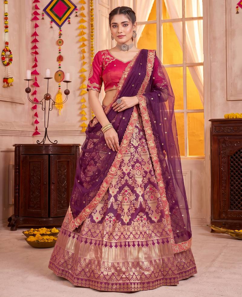 Wine Jacquard Silk Zari Work Lehenga Choli with Dupatta