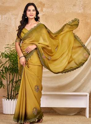 mustard chocolate silk blend saree with embellished border (sfsrsk1002) 2