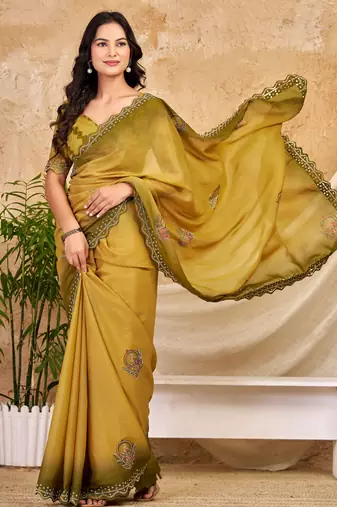 mustard chocolate silk blend saree with embellished border