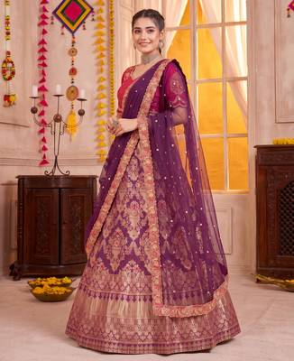 Wine Jacquard Silk Zari Work Lehenga Choli with Dupatta 2