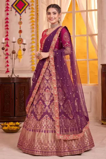Wine Jacquard Silk Zari Work Lehenga Choli with Dupatta