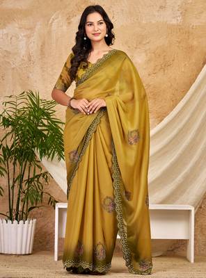 mustard chocolate silk blend saree with embellished border (sfsrsk1002) 3